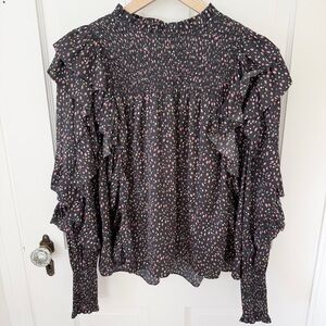 Ulla Johnson Dark Floral Print Mock Neck Ruffle Smocked Long Sleeve Blouse Sz 8